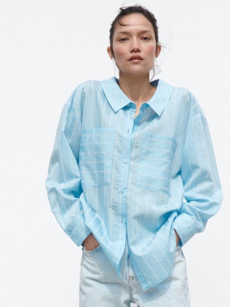 Zara Textured Striped Wide Collar Patch Pocket Button Front Shirt